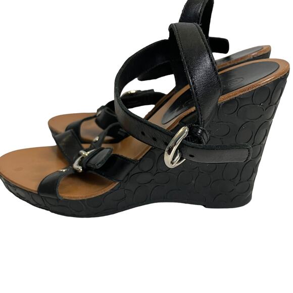 Coach Womens Elize Black Leather Signature Wedge Open Toe Strap Sandals Size 7M - Picture 5 of 13